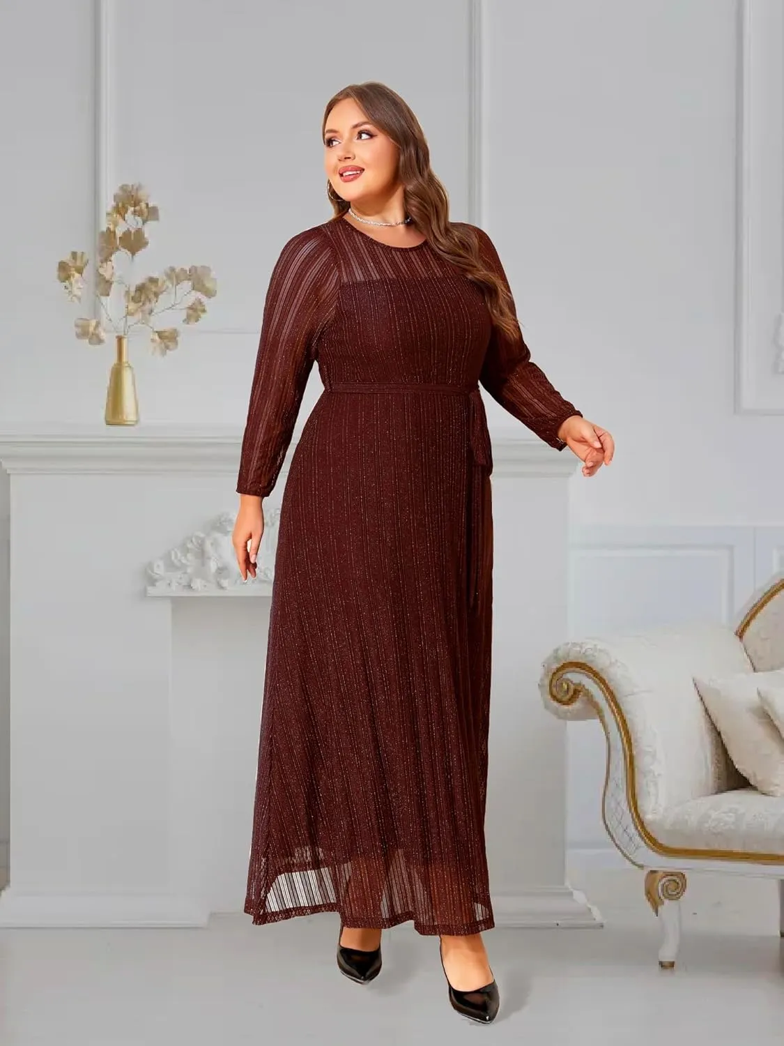 ZNU Plus Size Glitter Mesh Dress Women Wedding Guest Formal Cocktail Gown A-Line Maxi Dress Long Sleeve