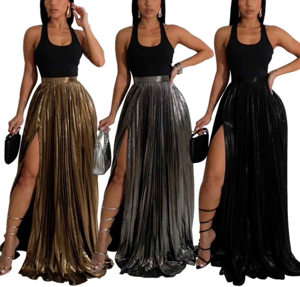 ZOCAVIA Womens 2 Piece Outfits Elegant Metallic Pleated Skirt Tank Maxi Skirts Skirt Set Sexy High Slit Sequin Long Skirt