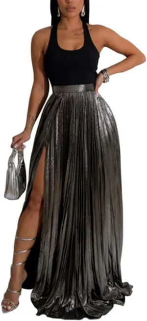 ZOCAVIA Womens 2 Piece Outfits Elegant Metallic Pleated Skirt Tank Maxi Skirts Skirt Set Sexy High Slit Sequin Long Skirt