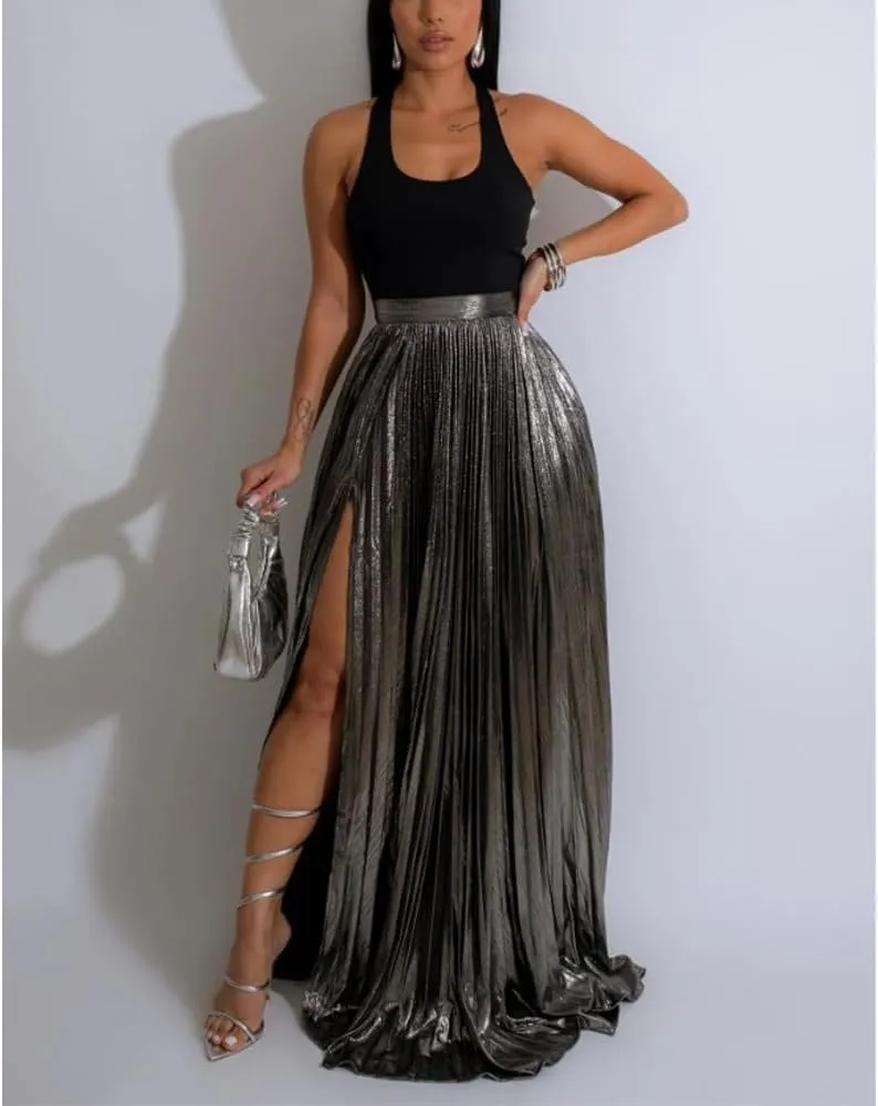 ZOCAVIA Womens 2 Piece Outfits Elegant Metallic Pleated Skirt Tank Maxi Skirts Skirt Set Sexy High Slit Sequin Long Skirt