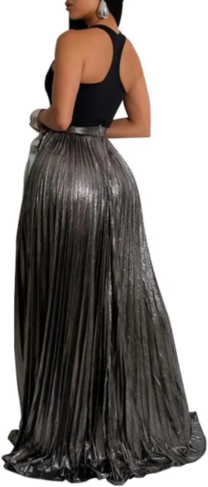 ZOCAVIA Womens 2 Piece Outfits Elegant Metallic Pleated Skirt Tank Maxi Skirts Skirt Set Sexy High Slit Sequin Long Skirt