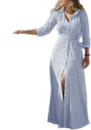 ZOCAVIA Women's Cotton Linen Striped Shirt Dress Plus Size 3/4 Sleeve A-Line Button Maxi Dresses Work Dressy Floor Length